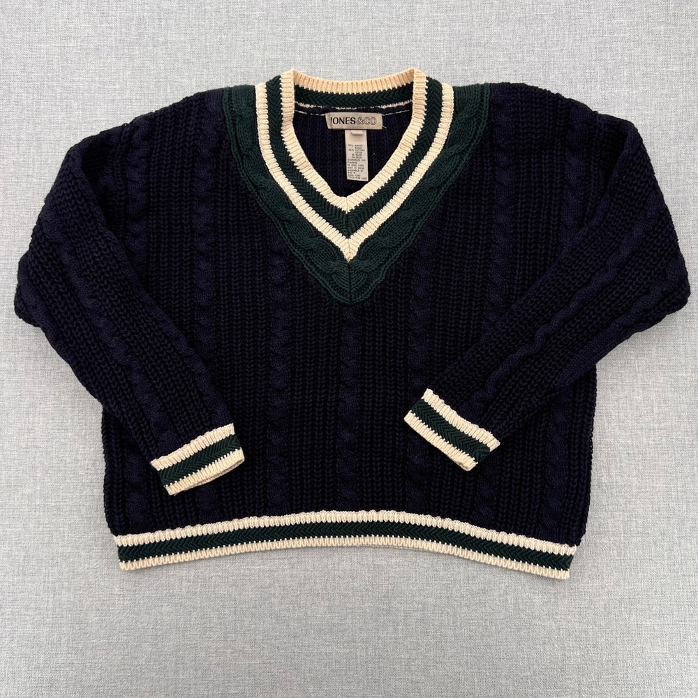 VTG 90s Jones & Co Cable Knit V Neck Tennis Sweater Women M Navy Ivy Prep